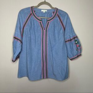 Women’s Jade blue chambray embroidered tunic top size small S